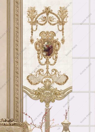 Panel Perde Motifli Dijital Baskılı K.Beyaz - Altın