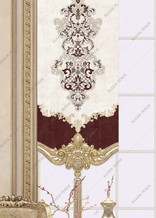 Panel Perde Motifli Dijital Baskılı Taşlı Bordo - Altın