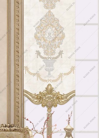 Panel Perde Motifli Dijital Baskılı Taşlı K.Beyaz - Altın