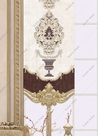 Panel Perde Motifli Dijital Baskılı Taşlı Kahve - Altın