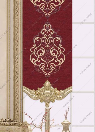 Panel Curtain With Motif and Rhinestones Gilding Printed Maroon - Gold