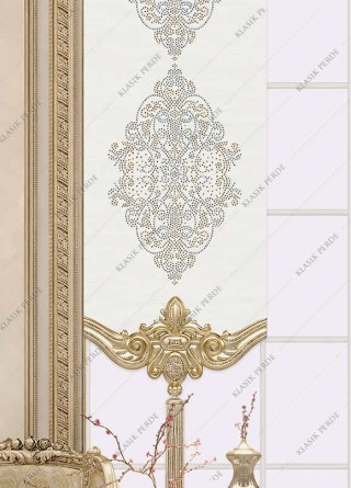 Panel Perde Motifli ve Yaldız Baskılı Taşlı K.Beyaz - Altın