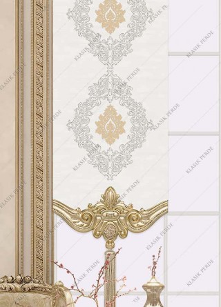 Panel Curtain With Motif and Rhinestones Gilding Printed White - Gold