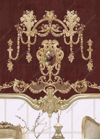 Stor Perde Motifli Dijital Baskılı Bordo - Altın