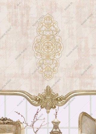 Stor Perde Motifli Dijital Baskılı  Krem - Altın