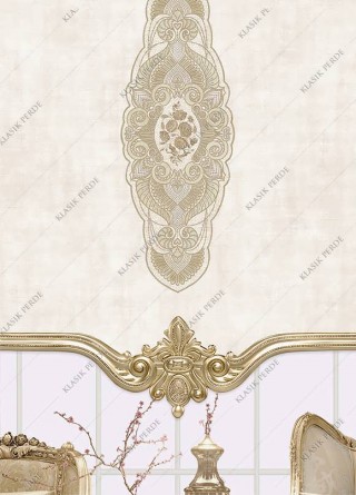Stor Perde Motifli Dijital Baskılı  K.Beyaz - Altın