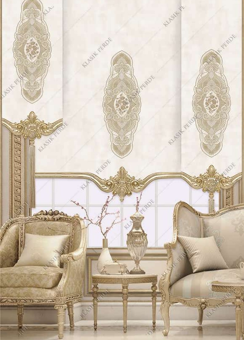 Stor Perde Motifli Dijital Baskılı  K.Beyaz - Altın