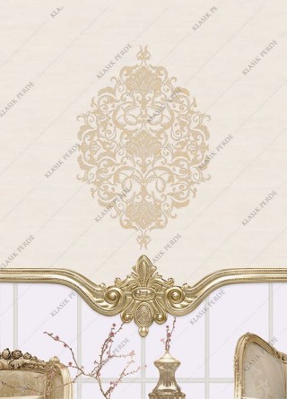 Stor Perde Motifli ve Yaldız Baskılı Krem - Altın