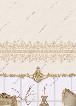 Stor Perde Motifli ve Yaldız Baskılı Krem - Altın