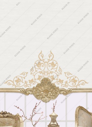 Stor Perde Motifli ve Yaldız Baskılı K.Beyaz - Altın