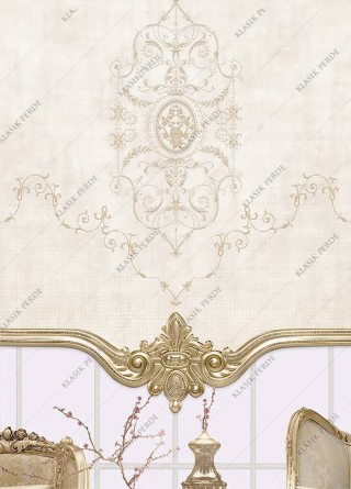 Stor Perde Motifli Dijital Baskılı Taşlı K.Beyaz - Altın