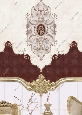 Stor Perde Motifli Dijital Baskılı Taşlı Bordo - Altın