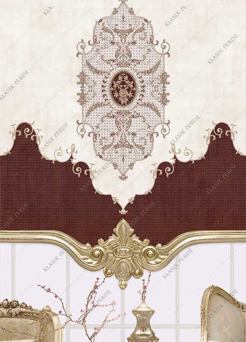 Stor Perde Motifli Dijital Baskılı Taşlı Bordo - Altın