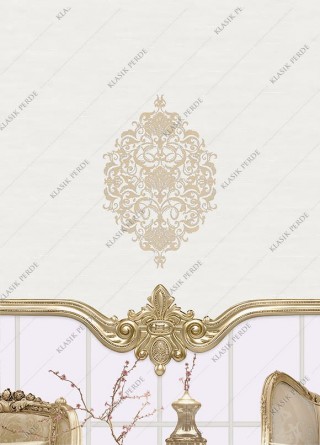 Stor Perde Motifli ve Yaldız Baskılı K.Beyaz - Altın